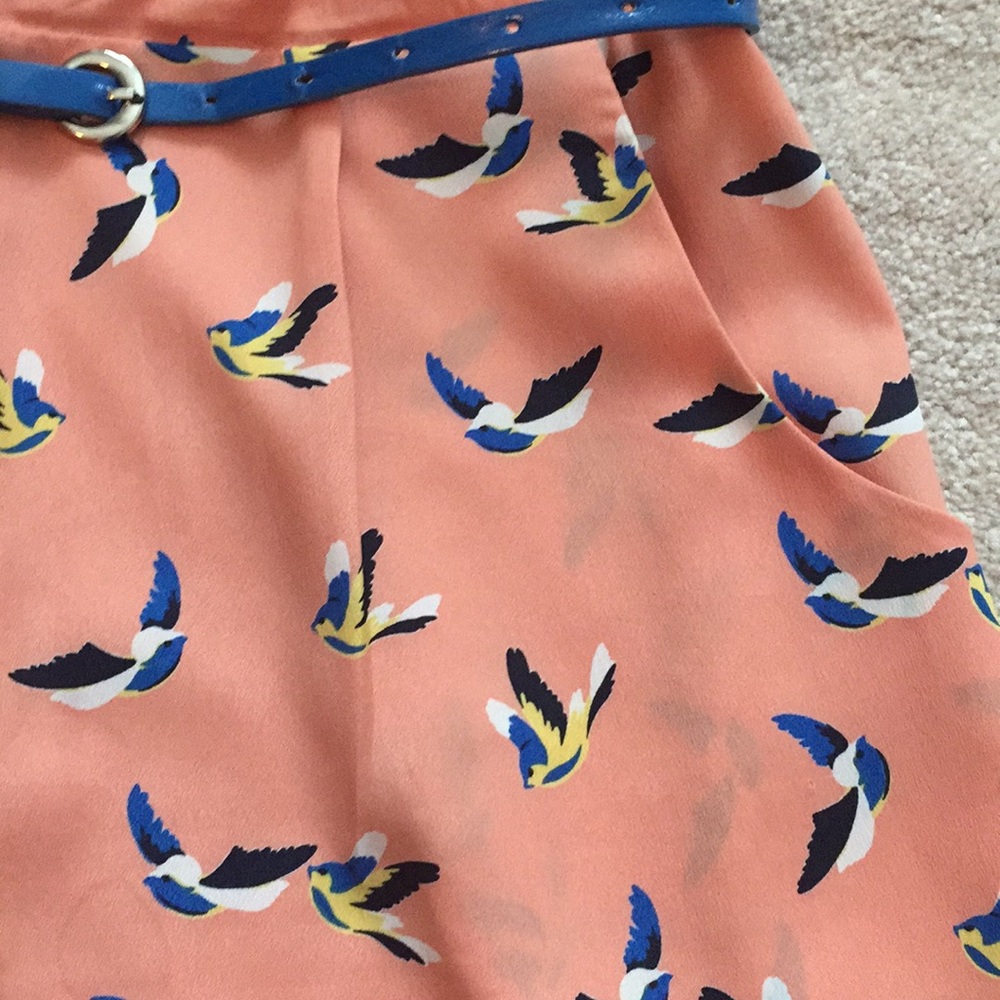Cute Peach dress with Blue & yellow Canary Print - Picture 2 of 4